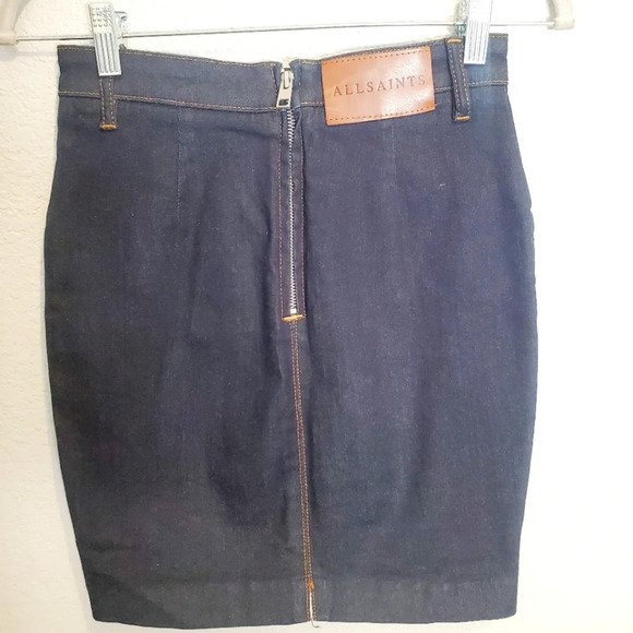 All Saints Ella Dark Wash Stretchy Jean Mini Denim Skirt Knee Length Size 2 - Picture 1 of 5